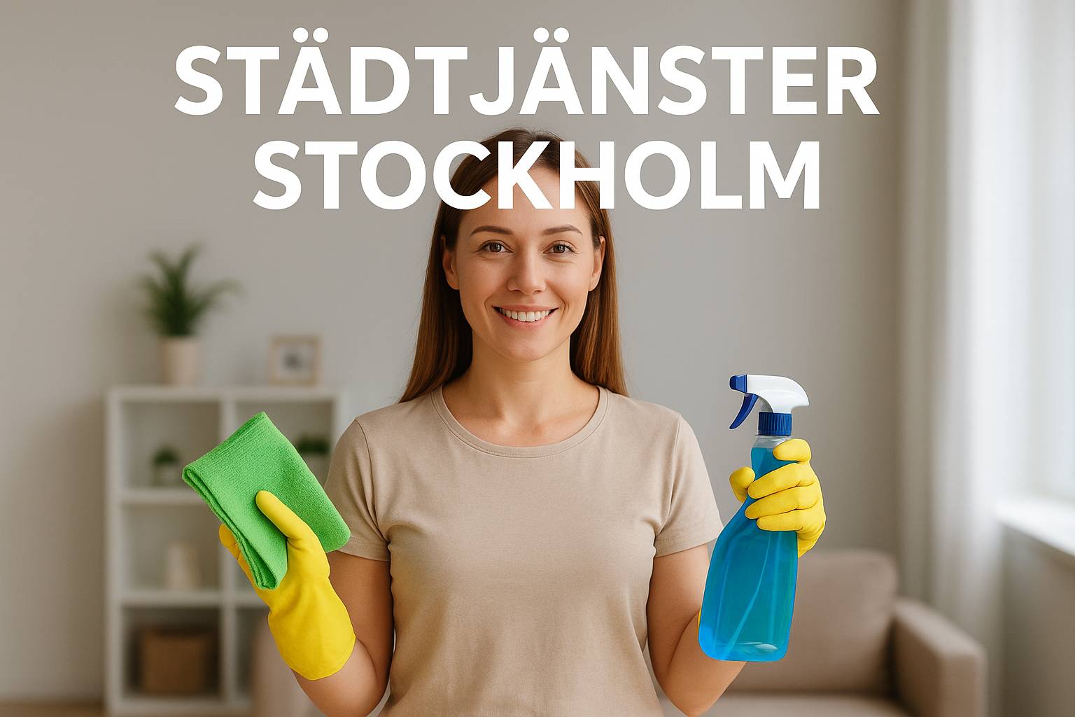 Städerska håller städartiklar för ett städföretag i Stockholm